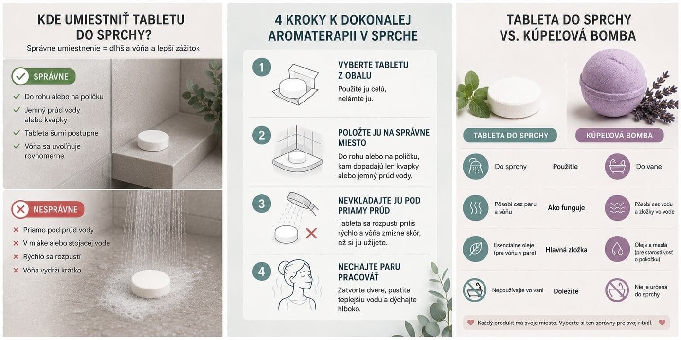 Infografika: kde umiestniť tabletu do sprchy, 4 kroky použitia a porovnanie tablety do sprchy s kúpeľovou bombou